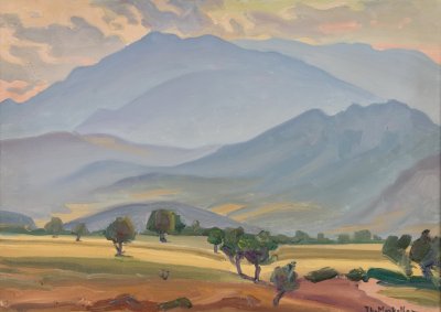 Plain with Parnassus in the Background — Oil painting, Canvas, 46.00×65.00cm — Theodoros Markellos